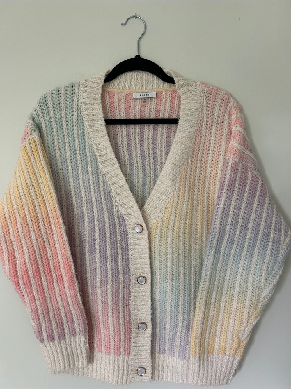 Sioni Pastel Rainbow Ribbed V-Neck Cardigan in Cream and Multicolor